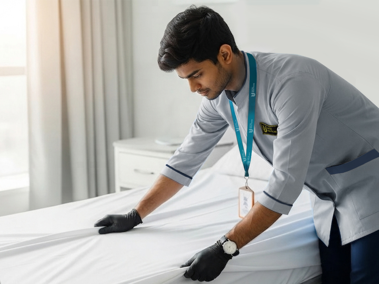Housekeeping staff preparing a hospital bed